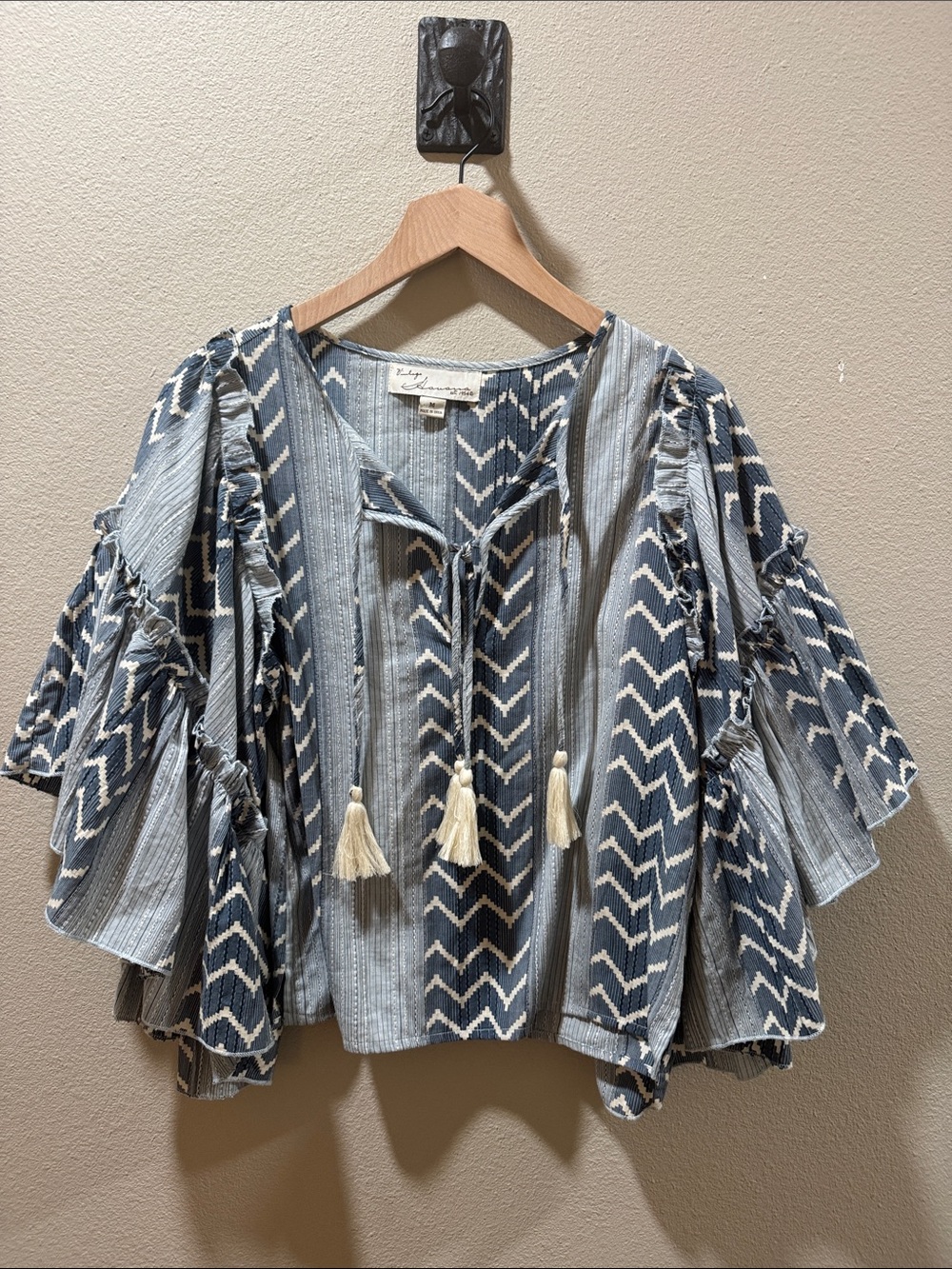 Cotton Blue Chevron Tassel Cropped Peasant Top